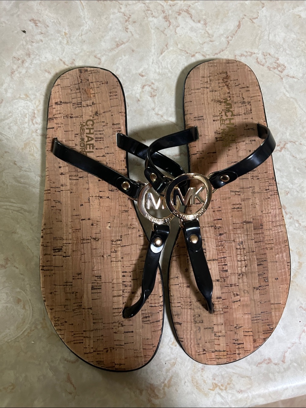 MICHAEL Michael Kors Black and Cork Logo Thong Sandals